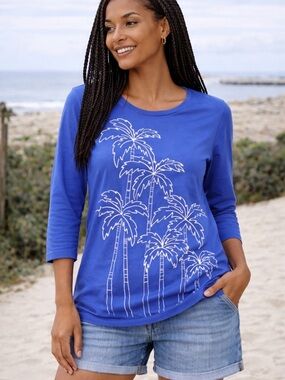 Coral Bay L Blue Palm Tree Top 3/4 Sleeve Tropical Beach Graphic Tee Casual